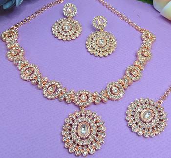 Pink color rhodium plating festive wear designer necklace set 3