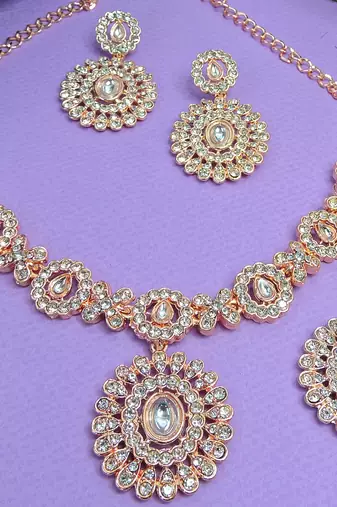 Pink color rhodium plating festive wear designer necklace set