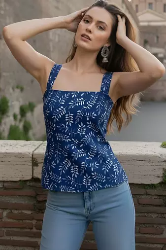 Blue cotton printed top for women