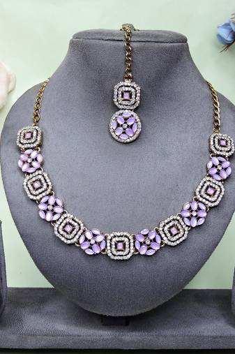 Purple color yellow gold plating festive wear designer necklace set