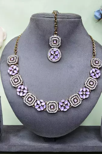 Purple color yellow gold plating festive wear designer necklace set