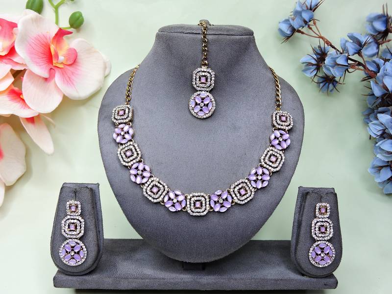 Purple color yellow gold plating festive wear designer necklace set