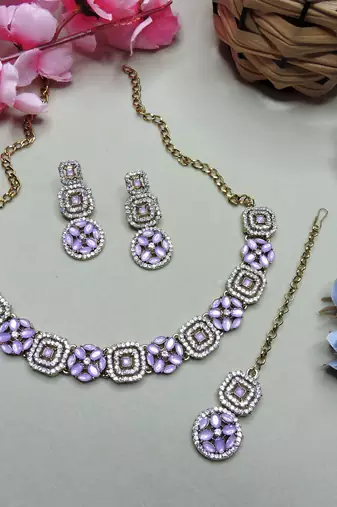 Purple color yellow gold plating festive wear designer necklace set