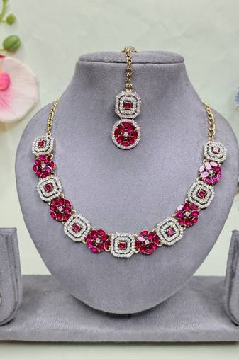 Pink color yellow gold plating festive wear designer necklace set