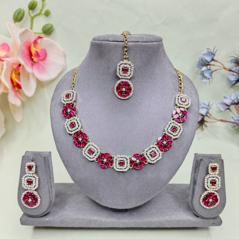 Pink color yellow gold plating festive wear designer necklace set