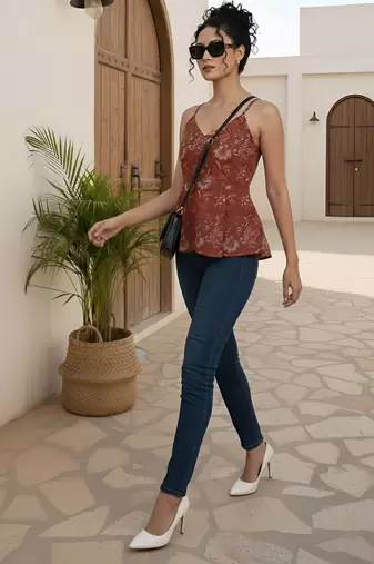 Orange cotton printed top for women