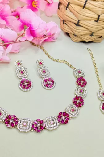 Pink color yellow gold plating festive wear designer necklace set