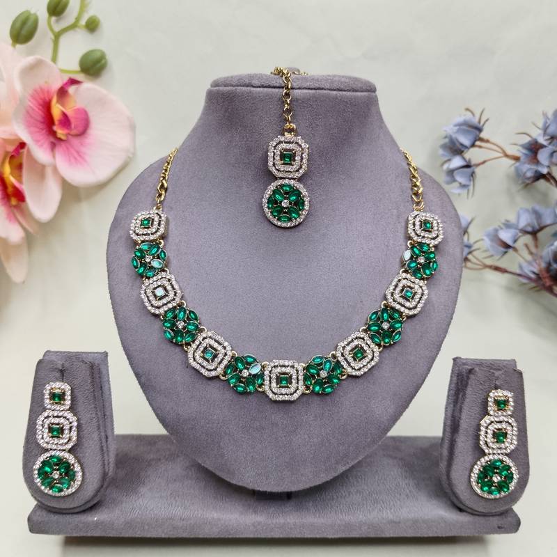 Green color yellow gold plating festive wear designer necklace set