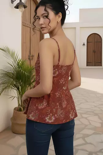 Orange cotton printed top for women