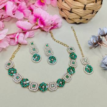Green color yellow gold plating festive wear designer necklace set 2