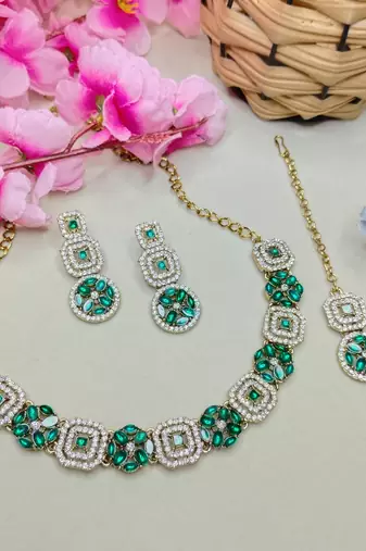 Green color yellow gold plating festive wear designer necklace set