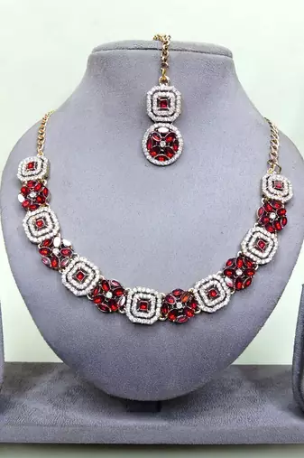 Maroon color yellow gold plating festive wear designer necklace set