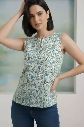 Grey cotton printed top for women