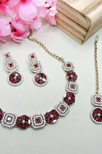 Maroon color yellow gold plating festive wear designer necklace set