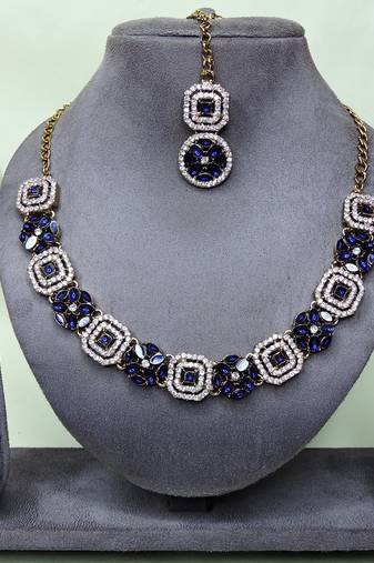 Blue color yellow gold plating festive wear designer necklace set