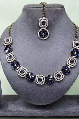 Blue color yellow gold plating festive wear designer necklace set