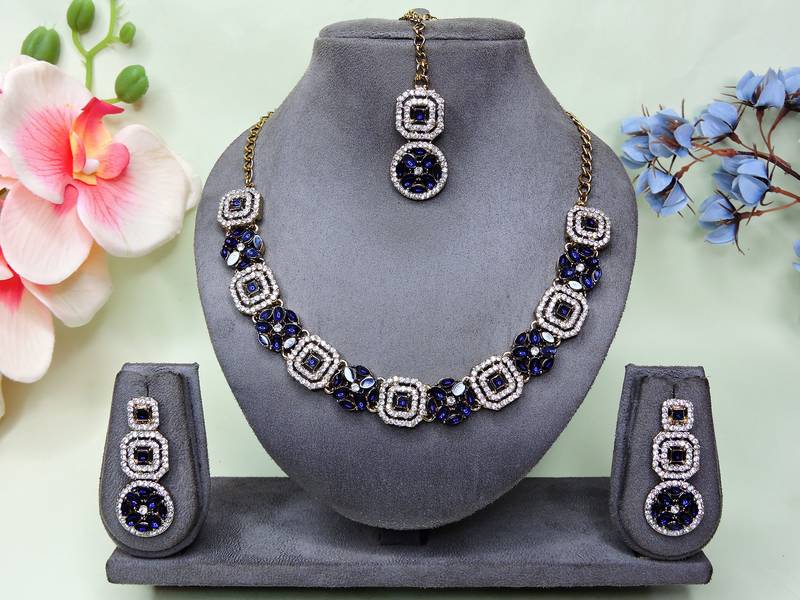 Blue color yellow gold plating festive wear designer necklace set
