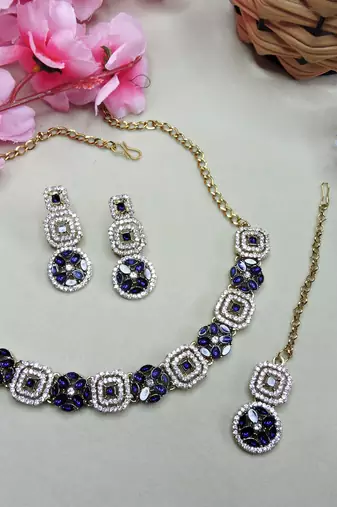Blue color yellow gold plating festive wear designer necklace set