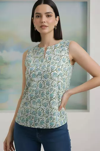 Grey cotton printed top for women