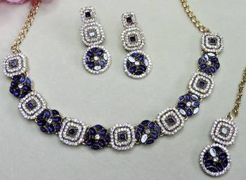 Blue color yellow gold plating festive wear designer necklace set 3