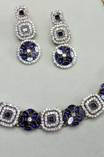 Blue color yellow gold plating festive wear designer necklace set