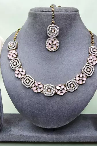 Pink color yellow gold plating festive wear designer necklace set