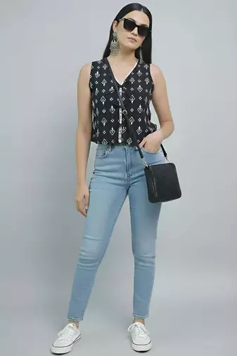 Black cotton printed top for women