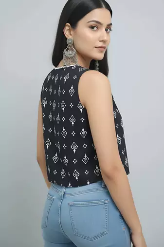 Black cotton printed top for women
