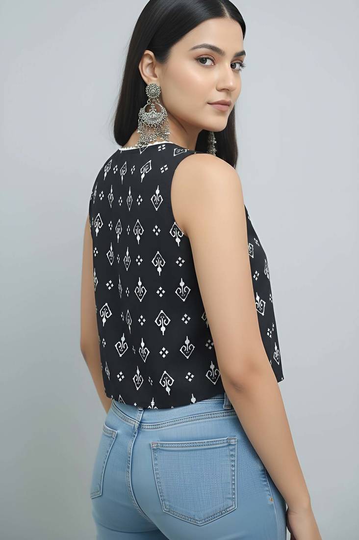 Black cotton printed top for women