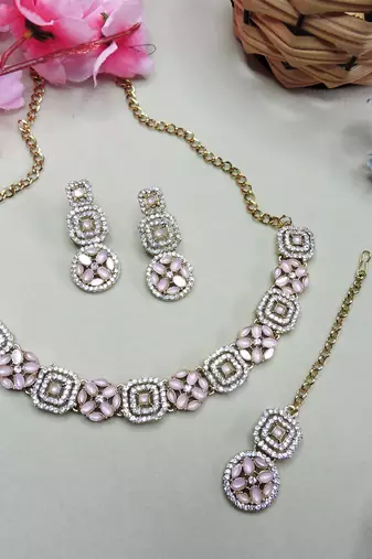 Pink color yellow gold plating festive wear designer necklace set