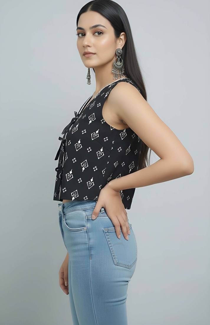 Black cotton printed top for women