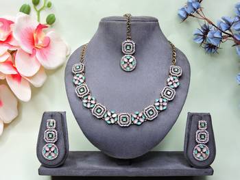 Green color yellow gold plating festive wear designer necklace set 1