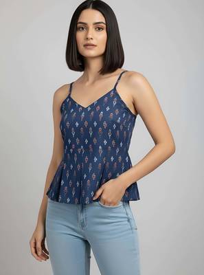 Blue cotton printed top for women 1