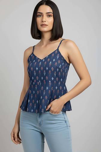 Blue cotton printed top for women