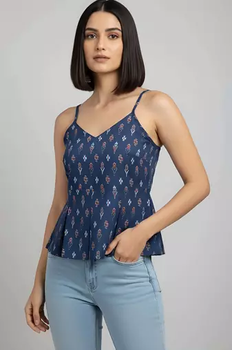 Blue cotton printed top for women