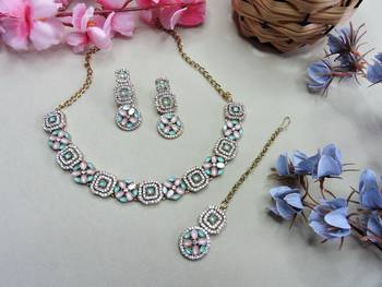 Green color yellow gold plating festive wear designer necklace set 2