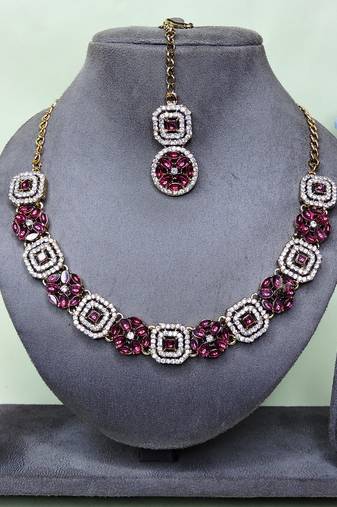 Purple color yellow gold plating festive wear designer necklace set
