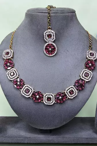 Purple color yellow gold plating festive wear designer necklace set