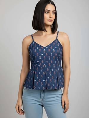Blue cotton printed top for women 3