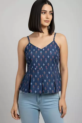 Blue cotton printed top for women