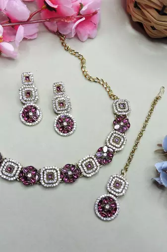 Purple color yellow gold plating festive wear designer necklace set