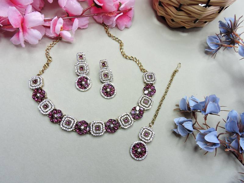 Purple color yellow gold plating festive wear designer necklace set