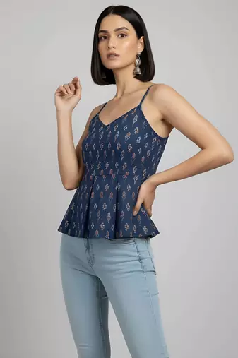 Blue cotton printed top for women