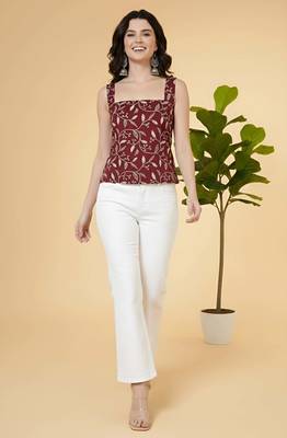 Burgundy cotton printed top for women 1