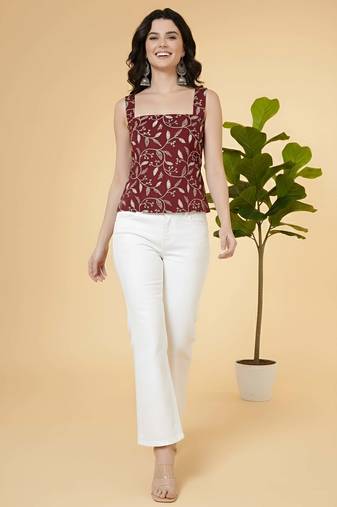 Burgundy cotton printed top for women