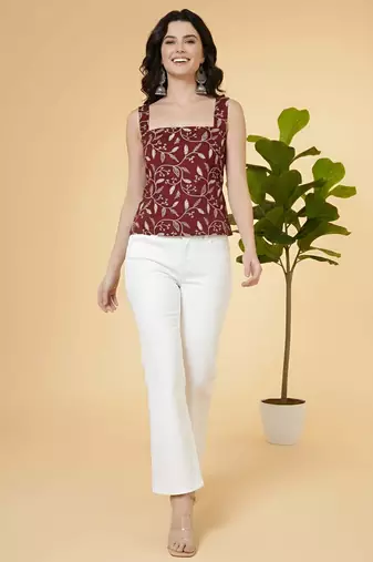 Burgundy cotton printed top for women