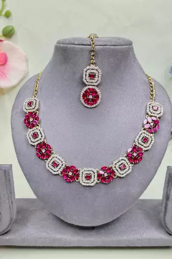 Pink color yellow gold plating festive wear designer necklace set