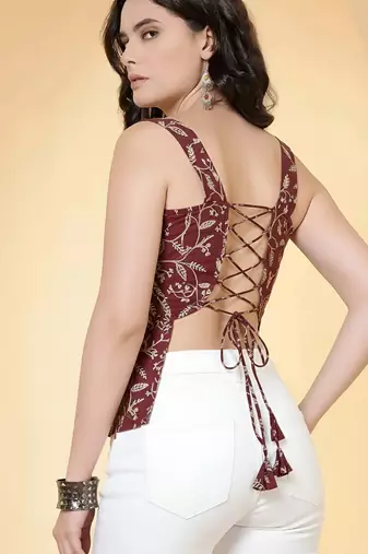 Burgundy cotton printed top for women