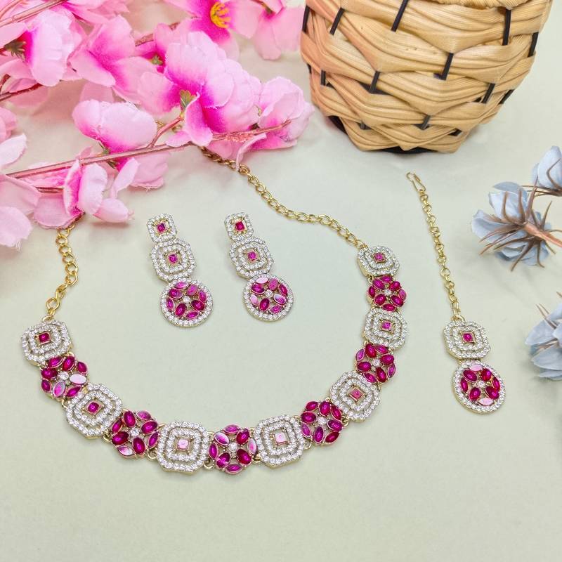 Pink color yellow gold plating festive wear designer necklace set
