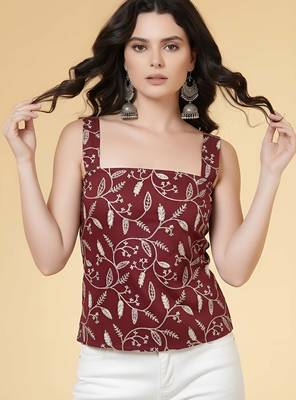 Burgundy cotton printed top for women 3